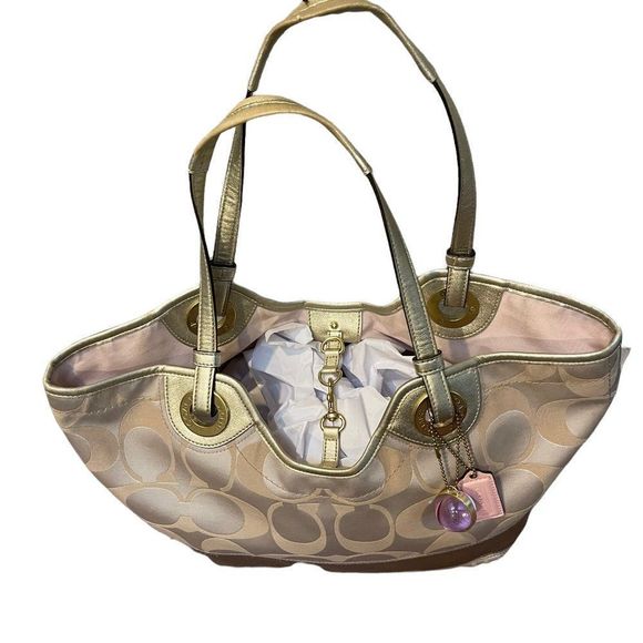 Large Matching Wallet Khaki and Tan Signature C Metallic Fabric Tote 12"L x 5"W - Picture 8 of 16